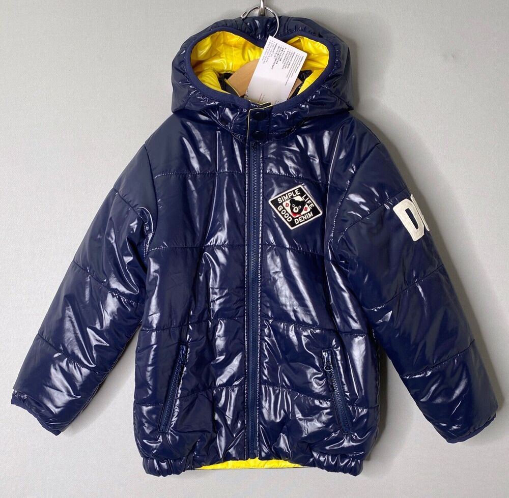 NWT Miki House Japan Boys 120/5T Blue & Yellow Reversible Hooded Puffer Jacket